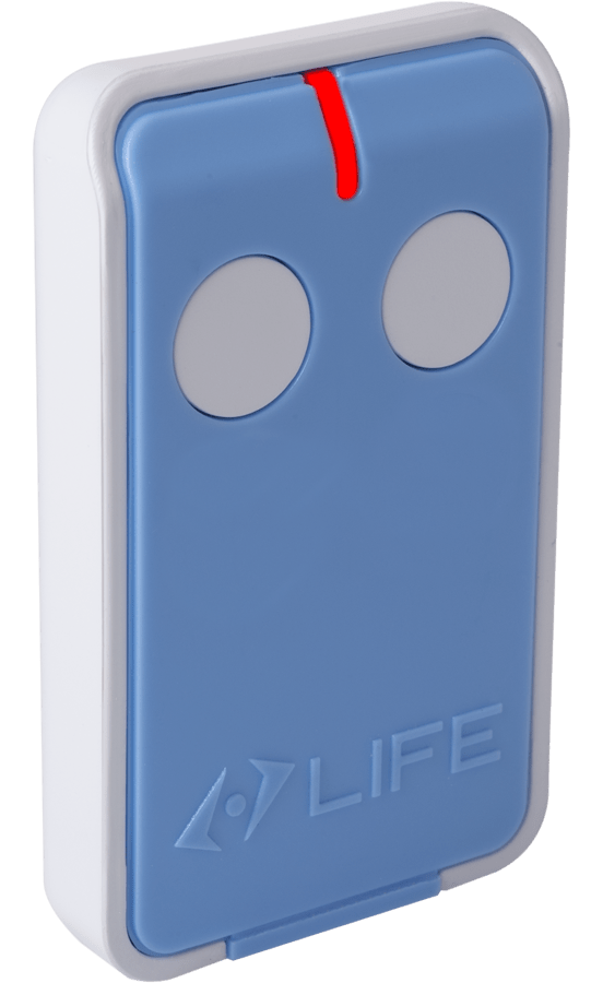 MAXI2 Radiozender met 2 kanalen op 433,92 MHz frequentie. Codering LIFE Rolling code. 12V alkaline batterij.