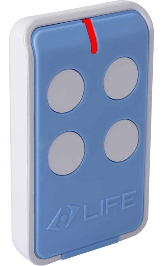 MAXI4 Radiozender met 4 kanalen op 433,92 MHz frequentie. Codering LIFE Rolling code. 12V alkaline batterij.